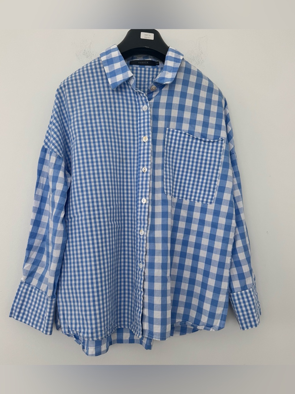 Zesica Shirt Women’s S Gingham Plaid Button Down Blue Rayon Oversized Patchwork
